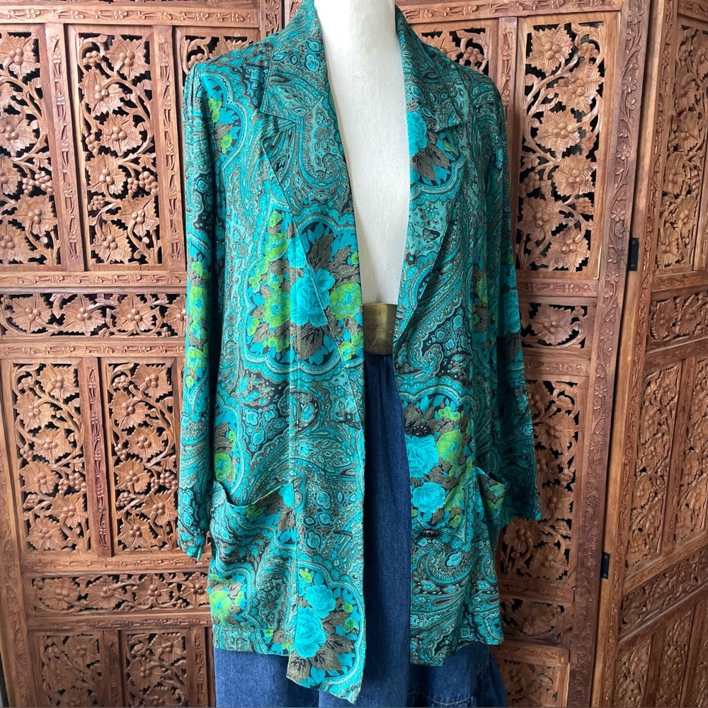 Vintage floral Paisley western long sleeve button down duster flowey blazer